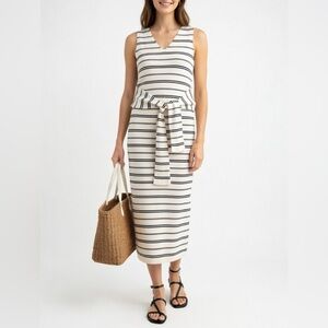 LUNA Striped Cream and Black Sleeveless Midi Dress with Waist Tie